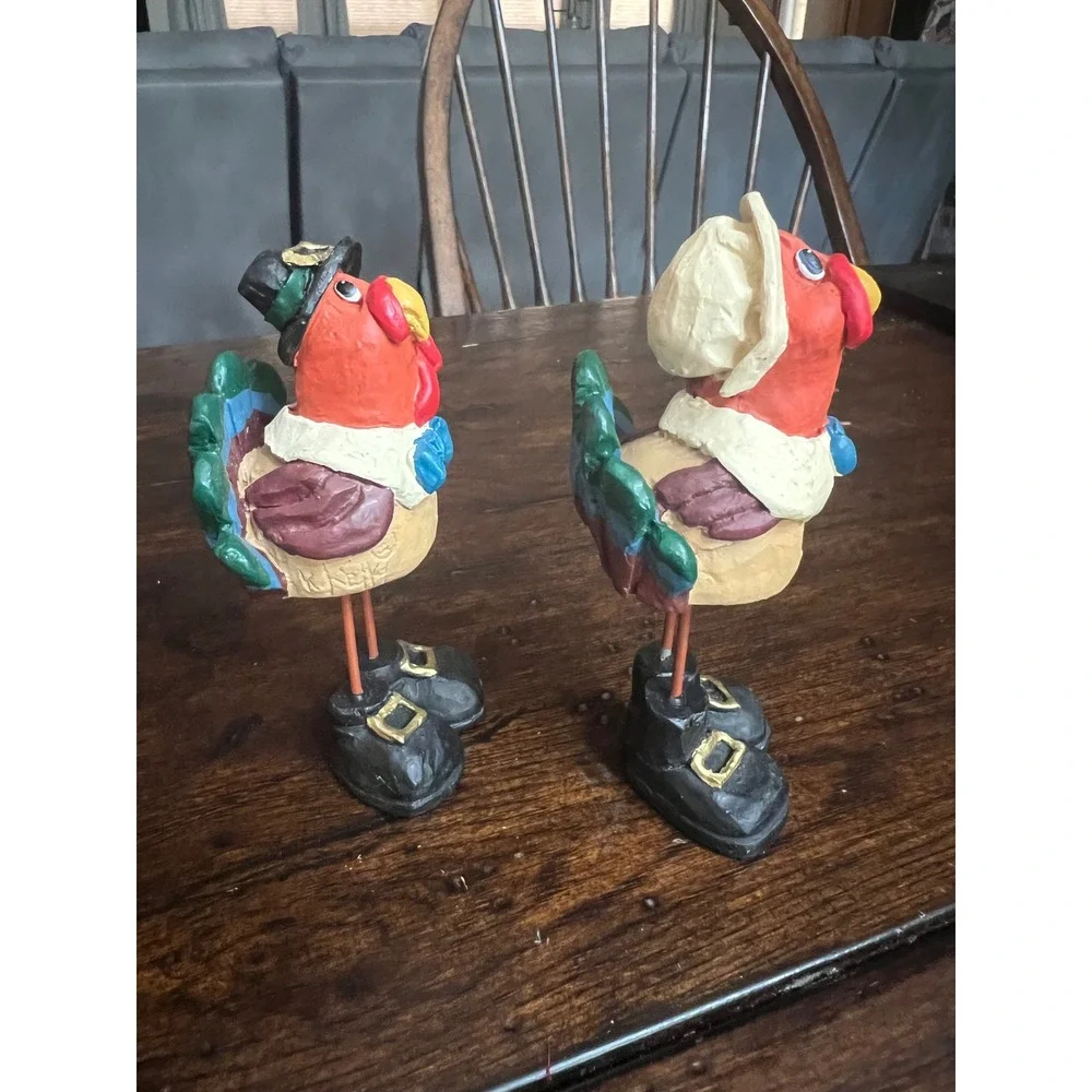Turkey Pilgrim Thanksgiving Figurines Set of 2 Hand Painted Resin